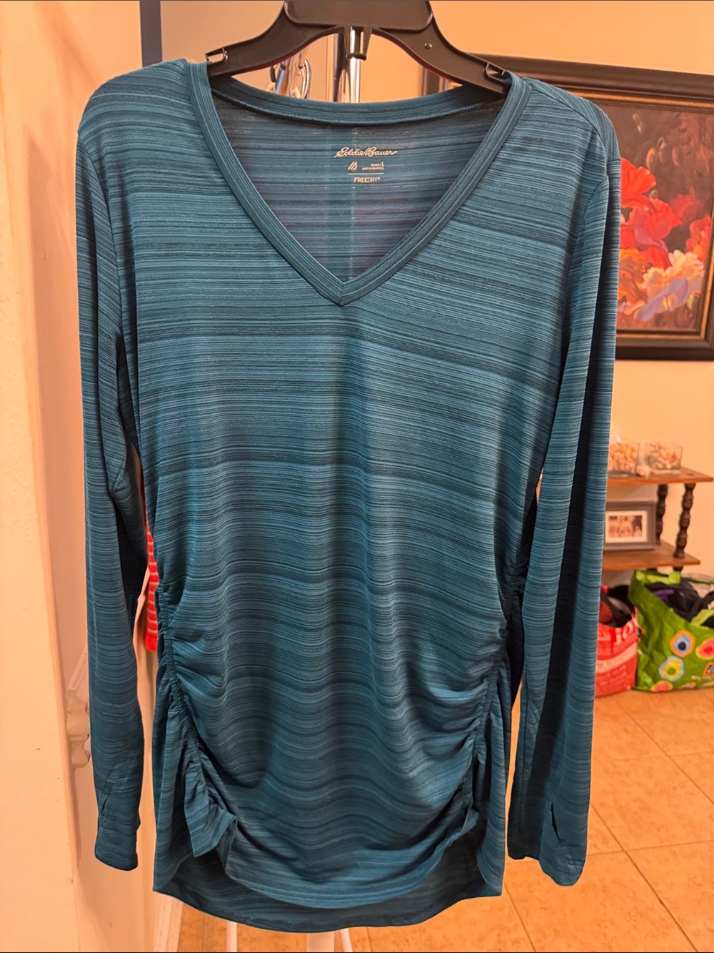 Eddie Bauer Women's Teal Striped V-Neck Long Sleeve Top